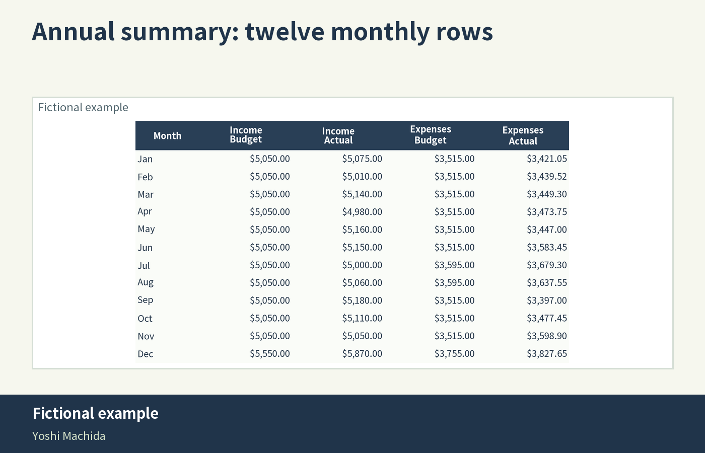 Fictional example of the monthly budget planner